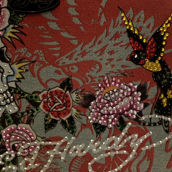 NWT ED HARDY Love Kills Slowly Roses Skull Rhinestone Denim Bag 11"x8.5"x3.5" - Picture 6 of 7